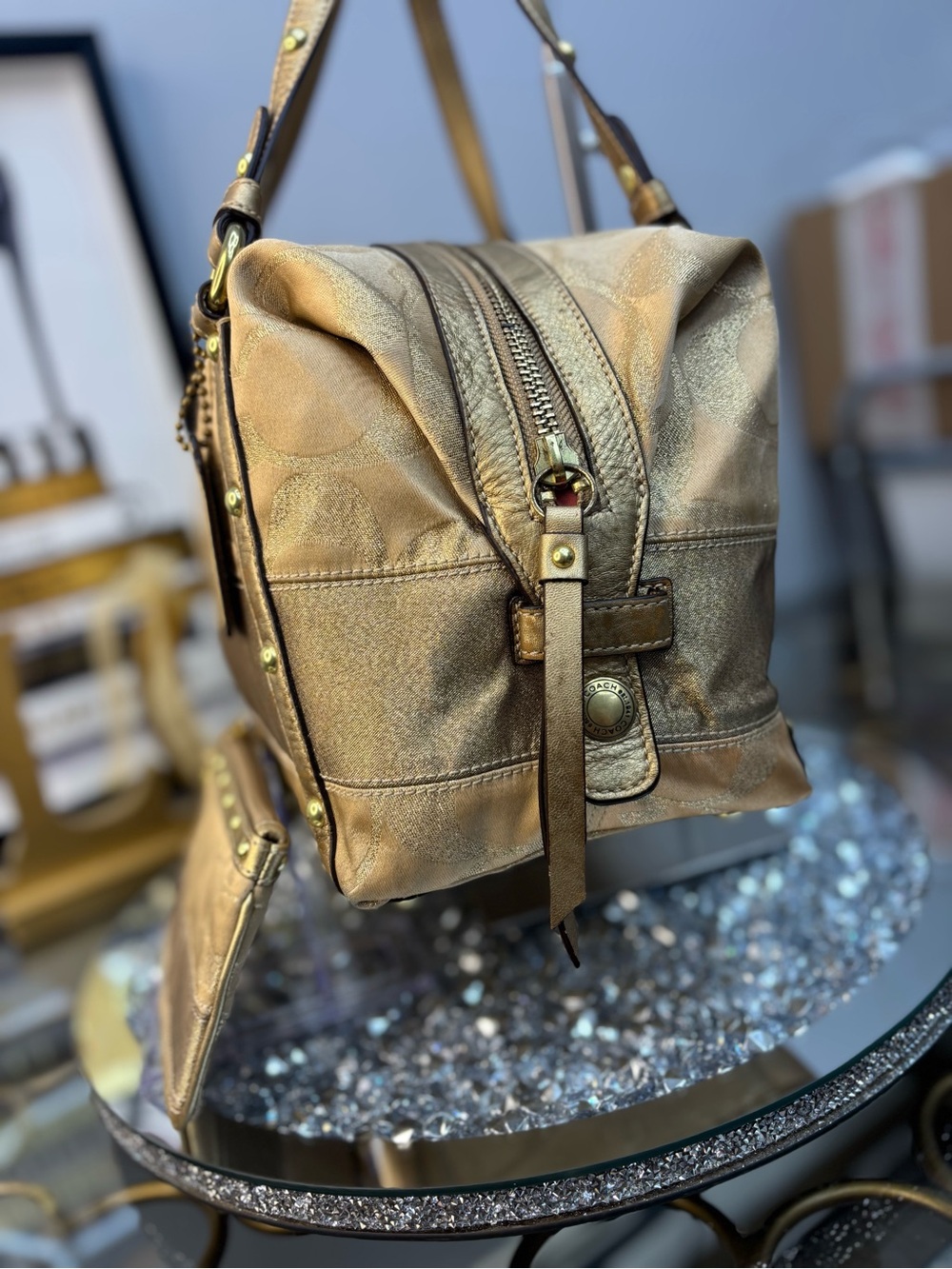 Coach 2008 Signature Stripe Studded Lurex Satchel w/matching wristlet EUC - Picture 8 of 15